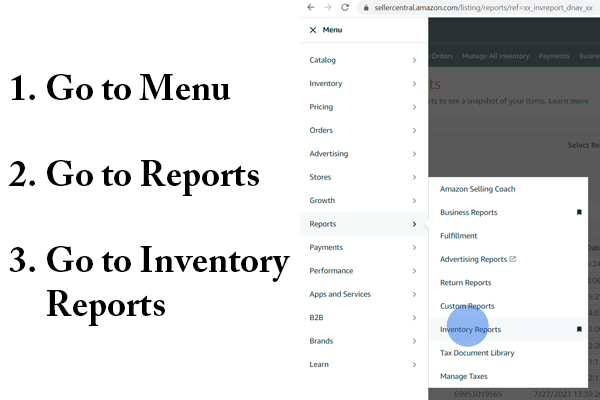 how to backup your amazon catalog showing the instructions to go to the menu then go to reports than go to inventory reports